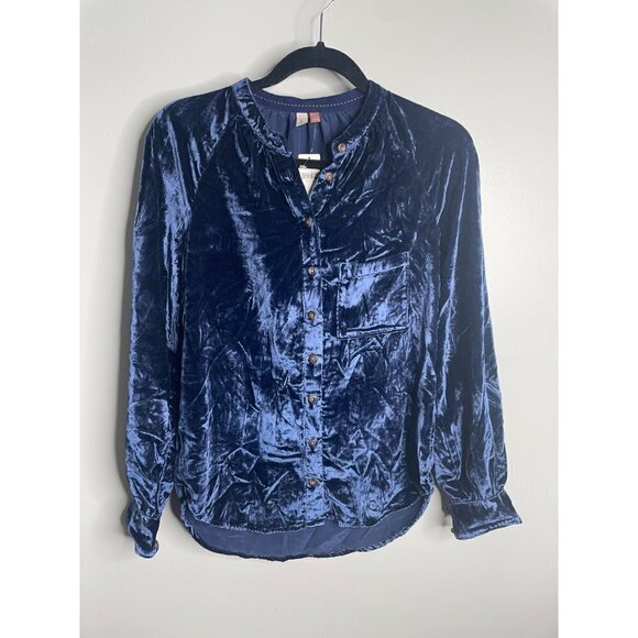 Anthropologie Pilcro Puff Sleeved Navy Blue Velvet Buttondown Shirt Size XXS NEW - Picture 4 of 6